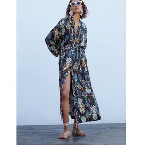 Zara Size Large Blue Printed Beaded Belted Hanoi Kimono
